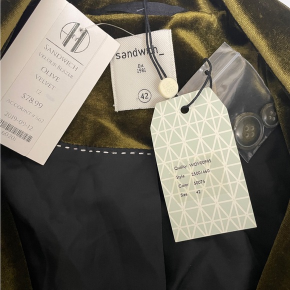 Sandwich Olive Green Velvet Blazer 42 Festive One Button Preppy Suit Jacket Chic - Picture 8 of 9